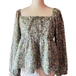 HYACINTH HOUSE Floral Square Neck Women's Cotton Top Size Large